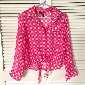 Sheer Checkered Tie Front Top Sz S